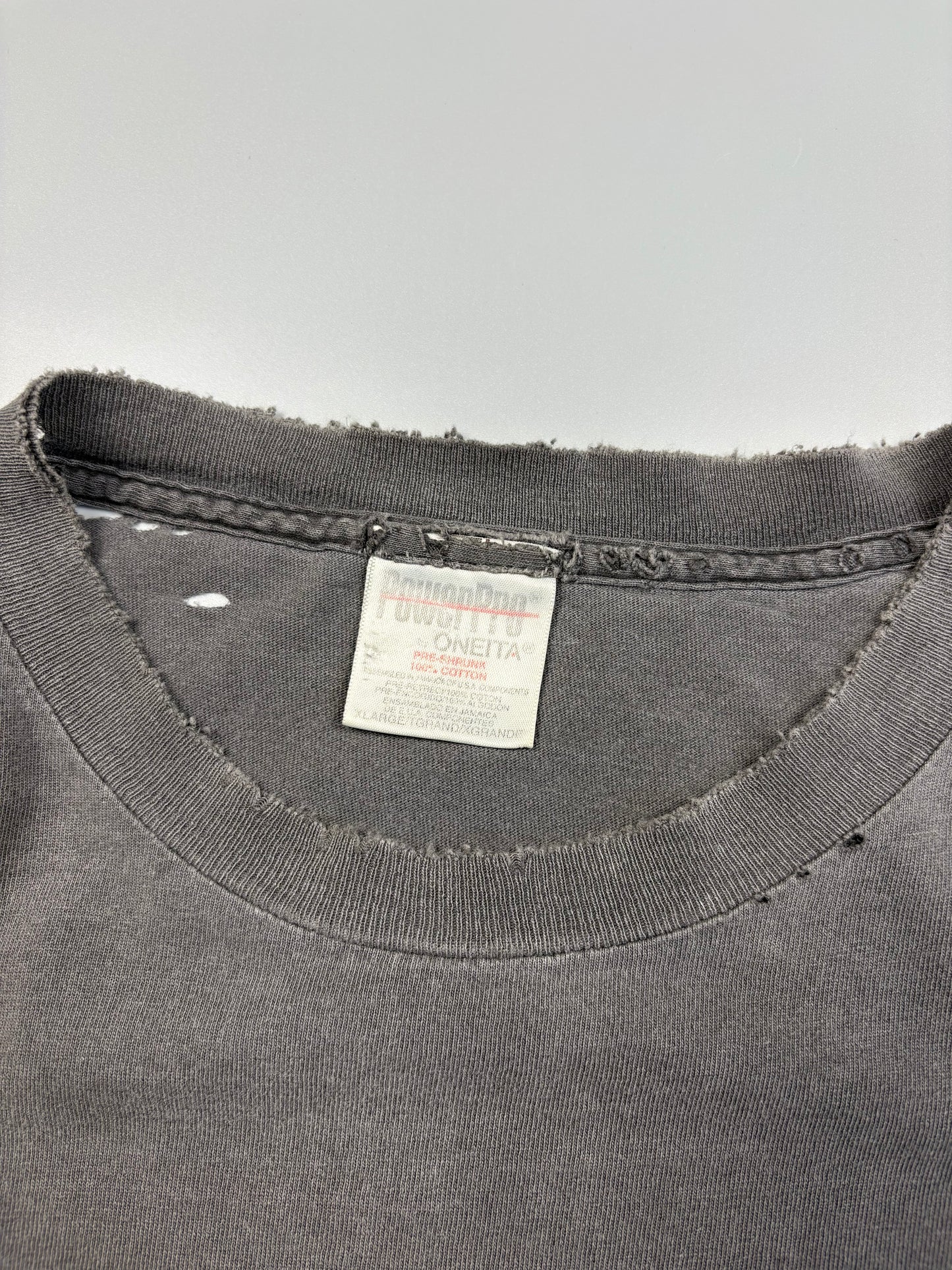 1990s Oneita Washed Black Thrashed Graphic Tee (XL)