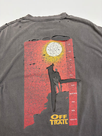 1990s Oneita Washed Black Thrashed Graphic Tee (XL)