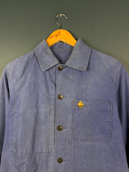 True Vintage 1960s Faded Blue Chore Jacket w/ WWII Officers Pin (S)