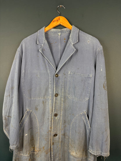 True Vintage 1960s Faded Light Blue Thrashed French Long Work Coat (M)