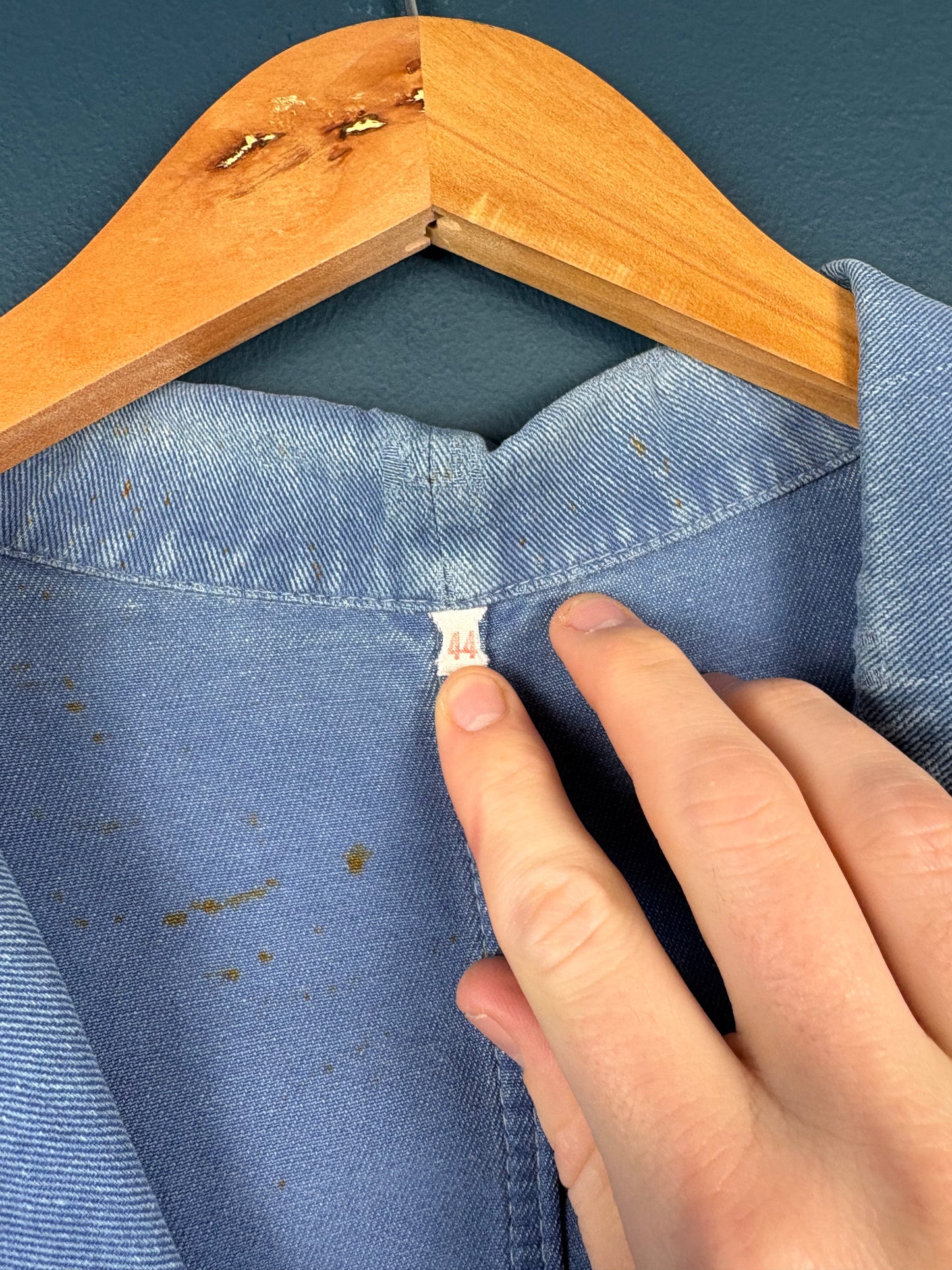 True Vintage 1960s Faded Light Blue Thrashed French Long Work Coat (M)