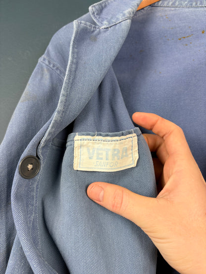True Vintage 1960s Faded Light Blue Thrashed French Long Work Coat (M)