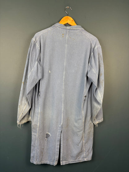 True Vintage 1960s Faded Light Blue Thrashed French Long Work Coat (M)